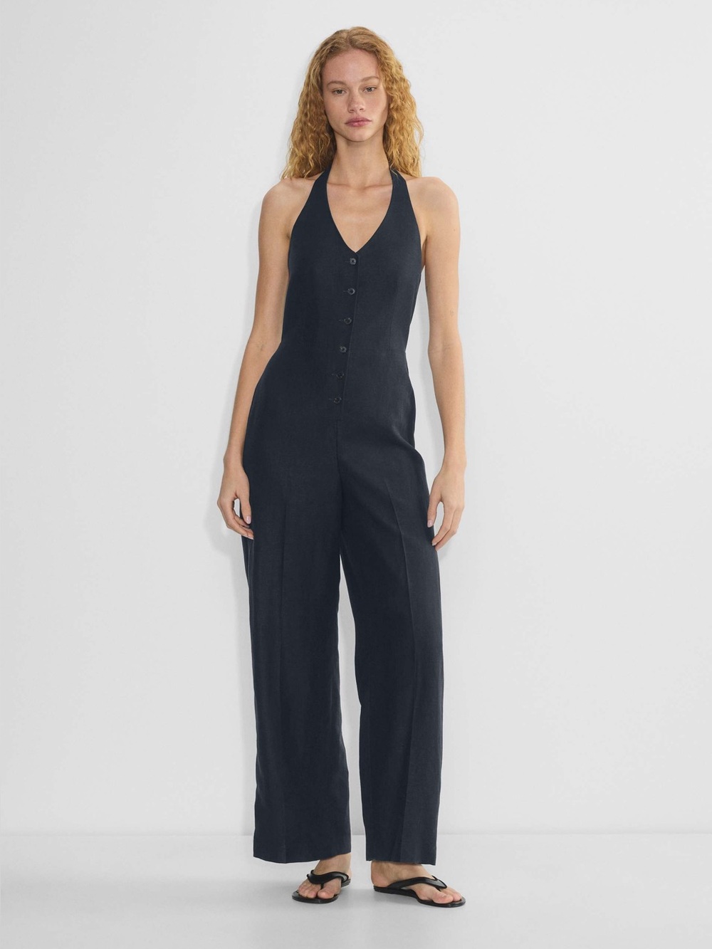 Aritzia Upscale Navy Blue Halter Linen Jumpsuit size 12